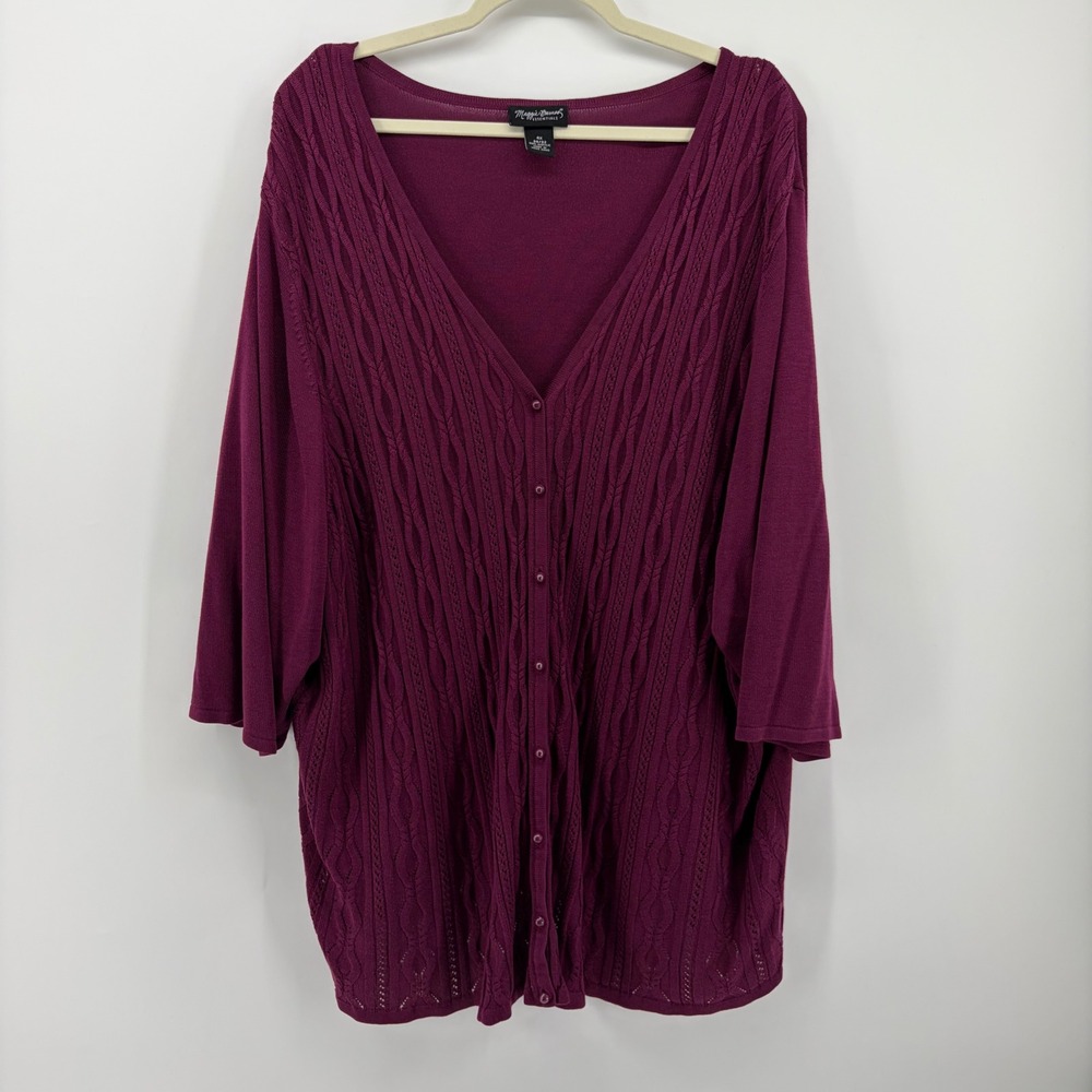 Maggie Barnes Womens 4X Plum Purple Cardigan Cable Knit V-Neck Button Front